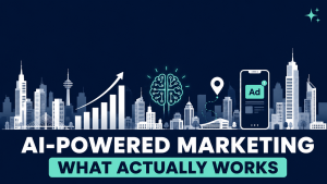 AI-powered digital marketing agency skyline graphic with growth chart, ad icon, and location pin representing Chandigarh performance marketing